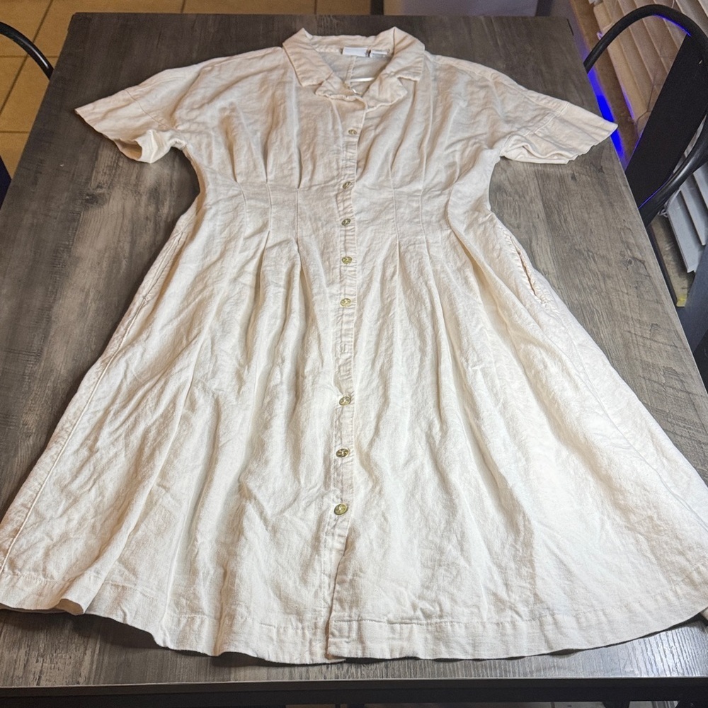Halston Heritage Ivory Button-Down Linen Blend Midi Dress